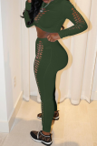 Army Green Sexy Solid Ripped O Neck Long Sleeve Two Pieces