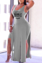 Grey Casual Letter Print Split Joint High Opening O Neck Sleeveless Two Pieces