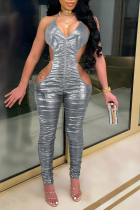 Silver Gray Sexy Solid Hollowed Out Halter Skinny Jumpsuits