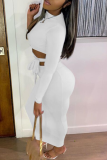 White Sexy Solid Hollowed Out O Neck Pencil Skirt Dresses