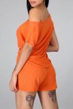 Tangerine Red Casual Solid Bandage Patchwork O Neck Short Sleeve Two Pieces