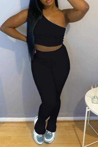 Black Casual Solid Patchwork One Shoulder Sleeveless Two Pieces
