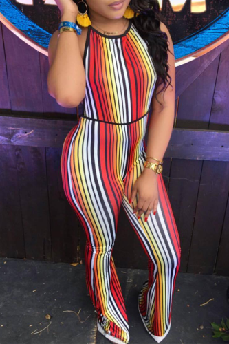 Multicolor Sexy Striped Patchwork Halter Boot Cut Jumpsuits