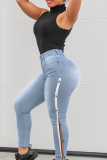 White Casual Solid Buckle Plus Size Jeans