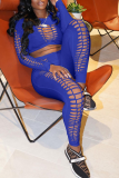 Color Blue Sexy Solid Ripped O Neck Long Sleeve Two Pieces