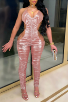 Pink Sexy Solid Hollowed Out Halter Skinny Jumpsuits