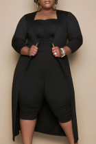 Black Casual Solid Split Joint O Neck Plus Size Two Pieces