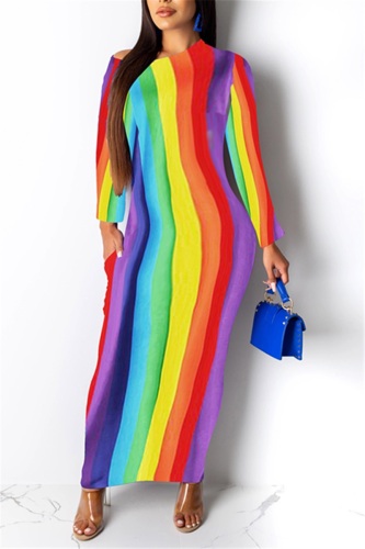 RainbowStripes Rainbow Color Sexy Printed Diagonal Shoulder Bodycorn Long Sleeve Maxi Dress