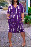 Purple Fashion Casual Plus Size Print Basic V Neck Short Sleeve Dress