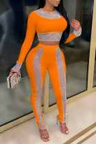 Orange Fashion Sexy Patchwork O Neck Long Sleeve Two Pieces