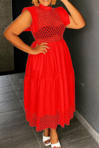 Red Sexy Solid Patchwork Half A Turtleneck Cake Skirt Dresses