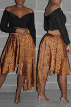 Gold Fashion Casual Print Leopard Asymmetrical Regular High Waist Skirt