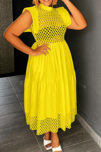 Yellow Sexy Solid Patchwork Half A Turtleneck Cake Skirt Dresses