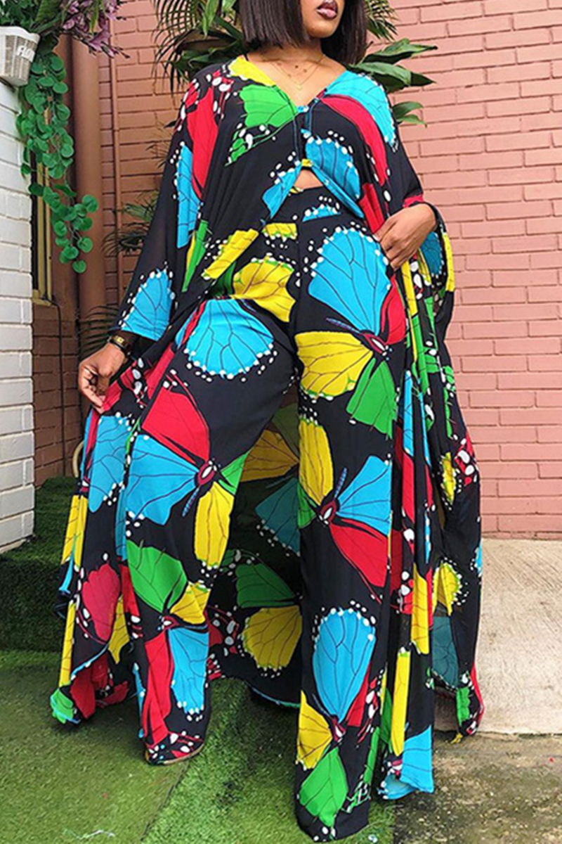 

Colour Fashion Casual Print Slit V Neck Plus Size Two Pieces