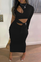 Black Sexy Plus Size Solid Bandage Hollowed Out Half A Turtleneck Long Sleeve Dresses