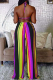 Pink Sexy Striped Patchwork Halter Plus Size Jumpsuits