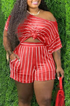 watermelon red Fashion OL One Shoulder Collar Striped Two Piece Suits Stripe Plus Size