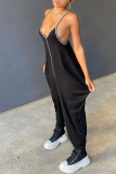 Black Sexy Casual Solid Patchwork Backless Spaghetti Strap Loose Jumpsuits