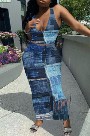 Blue Sexy Casual Print Vests U Neck Sleeveless Two Pieces