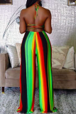 Green Sexy Striped Patchwork Halter Plus Size Jumpsuits