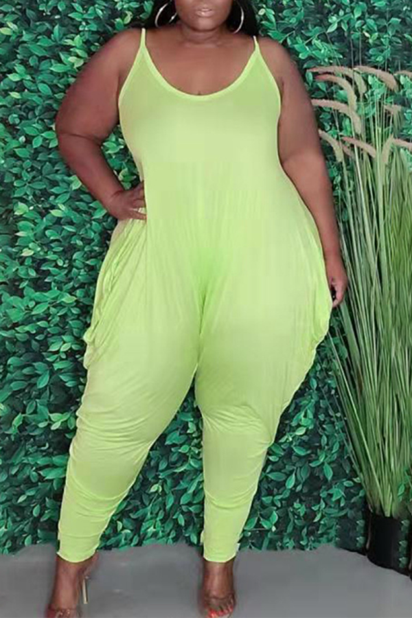 Light Green Casual Solid Patchwork Spaghetti Strap Plus Size Jumpsuits