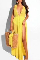 Yellow Hooded Out Solid Mesh Patchwork Casual Sexy Cover-Ups & Beach Dresses（without underwear）