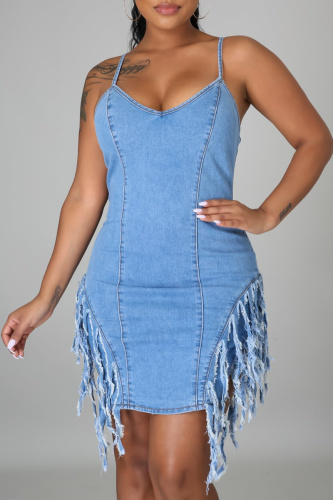 Light Blue Fashion Sexy Solid Tassel Backless Spaghetti Strap Denim Dress