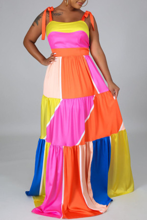 Colour Elegant Color Lump Print Split Joint Spaghetti Strap Sling Dress Dresses