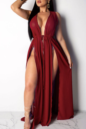 Wine Red Hooded Out Solid Mesh Patchwork Casual Sexy Cover-Ups & Beach Dresses（without underwear）