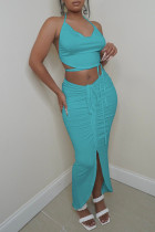 Baby Blue Fashion Sexy Solid Bandage Hollowed Out Asymmetrical Halter Sleeveless Two Pieces