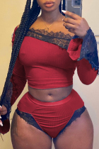 Red Sexy Living Patchwork Lace Backless Off the Shoulder Long Sleeve Two Pieces