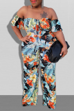 Black Fashion Sexy Print Backless Off the Shoulder Plus Size Jumpsuits