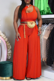 Tangerine Red Sexy Casual Solid Hollowed Out O Neck Sleeveless Two Pieces