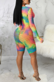 Multicolor Sexy Patchwork Tie-dye Mesh Zipper Collar Skinny Jumpsuits