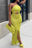 Yellow Sexy Solid Hollowed Out Backless Slit Spaghetti Strap Long Dress