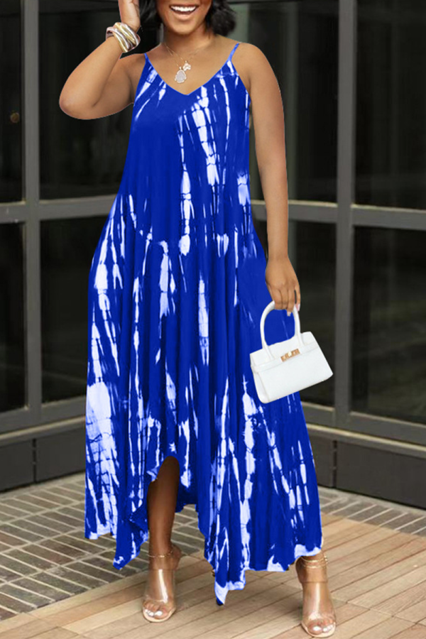 Blue Sexy Print Patchwork Spaghetti Strap Irregular Dress Dresses