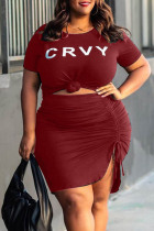 Burgundy Fashion Casual Letter Print Basic O Neck Plus Size Two Pieces