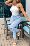 Light Blue Fashion Casual Solid Ripped Plus Size Jeans