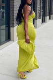 Yellow Sexy Solid Hollowed Out Backless Slit Spaghetti Strap Long Dress