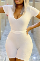 White Casual Solid Split Joint V Neck Skinny Jumpsuits