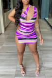 Purple Sexy Striped Print Hollowed Out Slit One Shoulder Sleeveless Dress