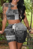 Blue Casual Print Patchwork U Neck Sleeveless Two Pieces