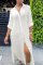 Cream White Casual Solid Slit Turndown Collar Shirt Dress Dresses