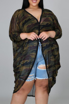 Army Green Fashion Casual Camouflage Print Asymmetrical V Neck Plus Size Overcoat