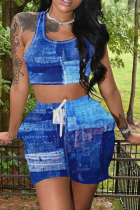 Blue Casual Print Split Joint U Neck Sleeveless Two Pieces