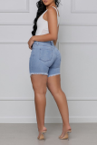 Baby Blue Casual Solid Ripped Mid Waist Skinny Denim Shorts