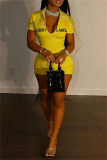 Yellow Fashion Casual Letter Embroidery Solid Color Zipper Collar Short Sleeve Dress