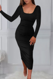 Black Sexy Solid Slit Square Collar Pencil Skirt Dresses