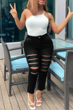 White Fashion Casual Solid Ripped Plus Size Jeans
