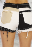 Black Casual Patchwork Make Old Mid Waist Skinny Denim Shorts